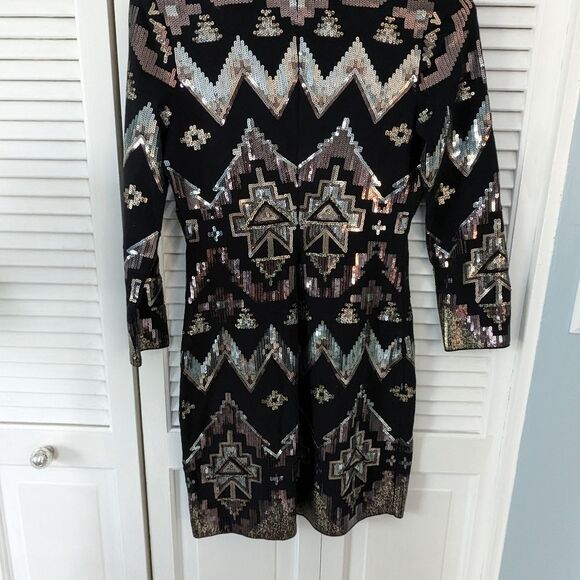 Express Dress Women's sz XS Black Gold Sequined Aztec Mini Cocktail Bodycon - Picture 5 of 5